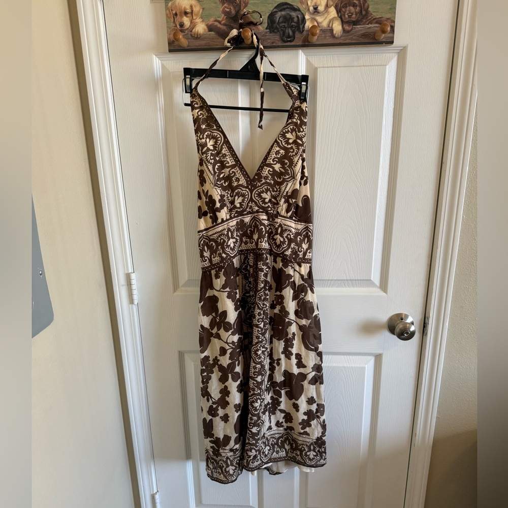 Elegant Brown Floral Halter Dress